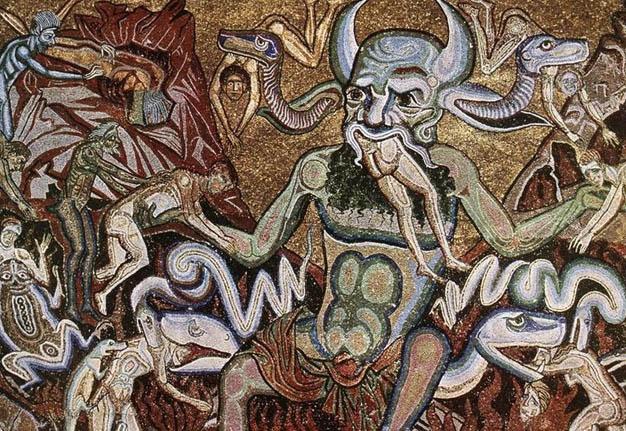 A blue devil with horns, mid aged with snakes coming out of his head eating people whole.