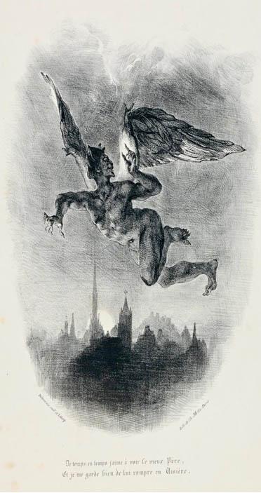 Black and white illustration of Mephistopheles Flying over the Cit
