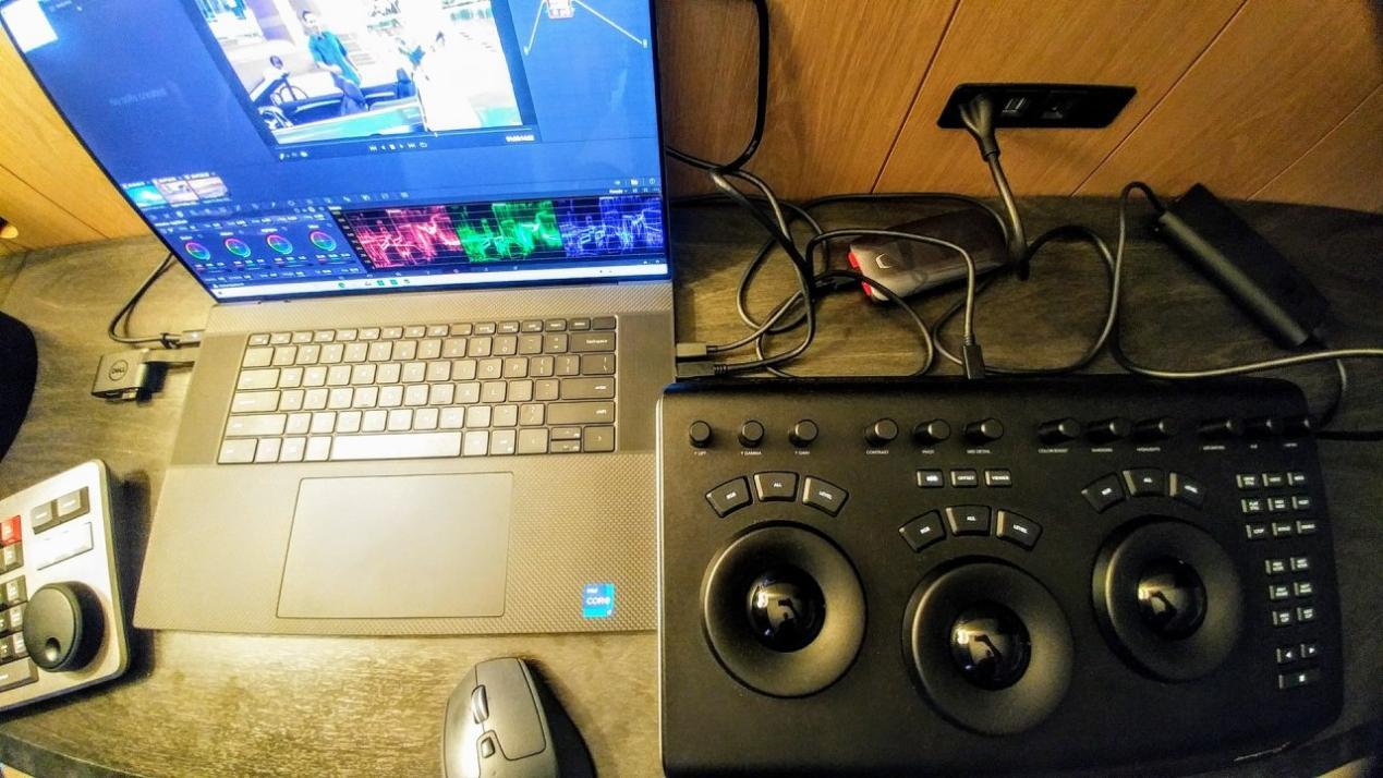 Building Your Post Suite in a Hotel Room: Dell XPS 17 Creator Edition (NVIDIA GeForce RTX 3060), Samsung Thunderbolt 3 Portable SSD 1TB, Blackmagic Design Speed Editor, and DaVinci Resolve Micro Panel. Credit: Y.M.Cinema Magazine