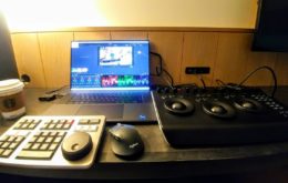 Building Your Post Suite in a Hotel Room: Dell XPS 17 Creator Edition (NVIDIA GeForce RTX 3060), Samsung Thunderbolt 3 Portable SSD 1TB, Blackmagic Design Speed Editor, and DaVinci Resolve Micro Panel. Credit: Y.M.Cinema Magazine