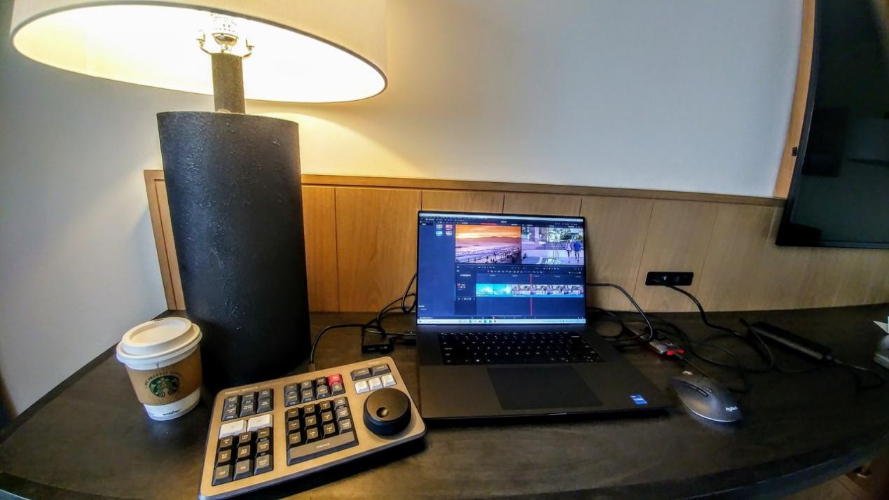 Building Your Post Suite in a Hotel Room: Dell XPS 17 Creator Edition (NVIDIA GeForce RTX 3060), Samsung Thunderbolt 3 Portable SSD 1TB, Blackmagic Design Speed Editor, and DaVinci Resolve Micro Panel. Credit: Y.M.Cinema Magazine