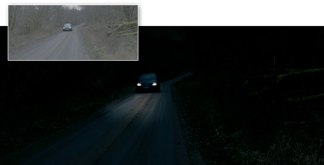 Before and after grading from The Wake Wood: The shot required luminance keys, and several shapes to darken the sky and landscape. The headlamp spill on the road is done with two auto tracking shapes and some key frames to create a more realistic bo…