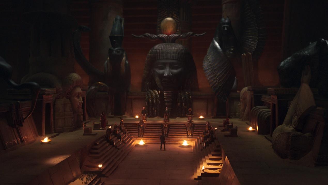 (L-R): Diana Bermudez as Yatzil, Hathor’s Avatar, Declan Hannigan as Horus’s Avatar, Khalid Abdalla as Selim, Osiris’s Avatar, Nagisa Morimoto as Isis’s Avatar, Oscar Isaac as Marc Spector/Steven Grant in Marvel Studios' MOON KNIGHT, exclusively on Disney+. Photo courtesy of Marvel Studios. ©Marvel Studios 2022. All Rights Reserved.