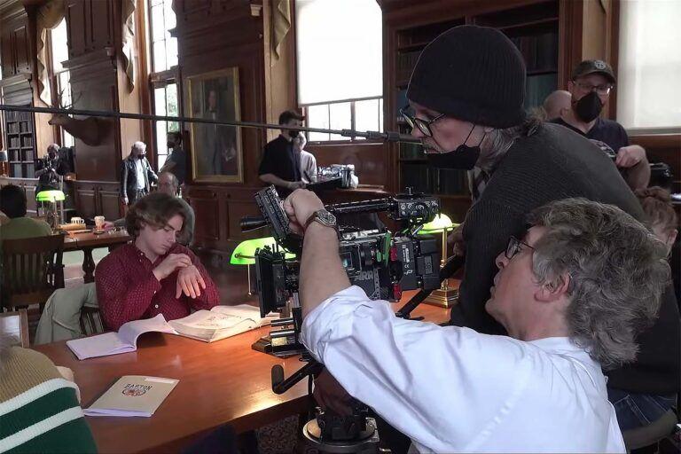 Alexander Payne crafting a shot with DP Eigil Bryld on the set of The Holdovers. Image @ Focus Features
