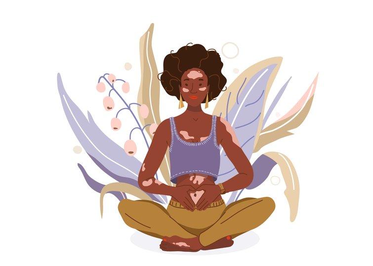 A vector illustration of a beautiful woman practicing a mindful wellness yoga pose with pastel flowers and plants released from her aura
