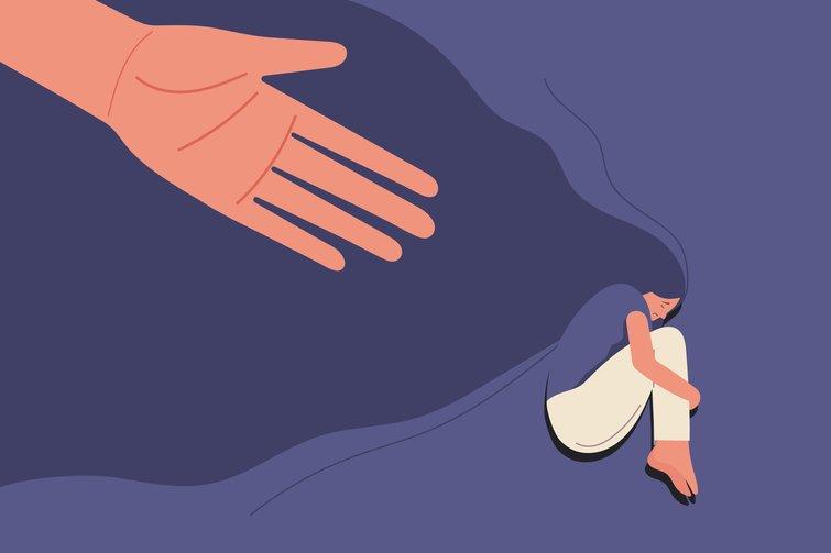 A vector illustration of a large hand reaching down to help a woman suffering from depression