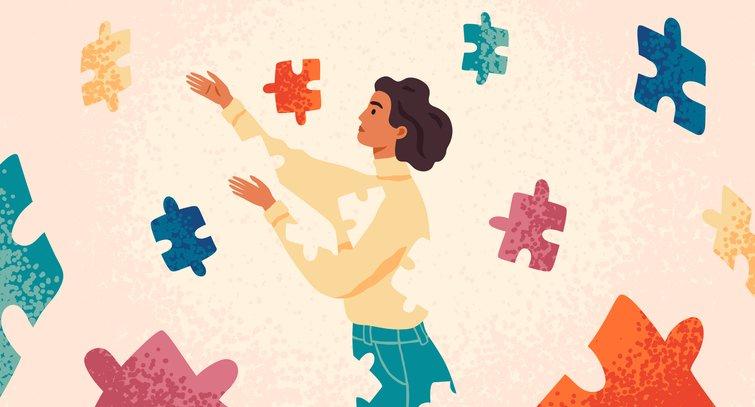 Vector illustration of a woman grabbing at puzzle pieces surrounding her to make her life complete