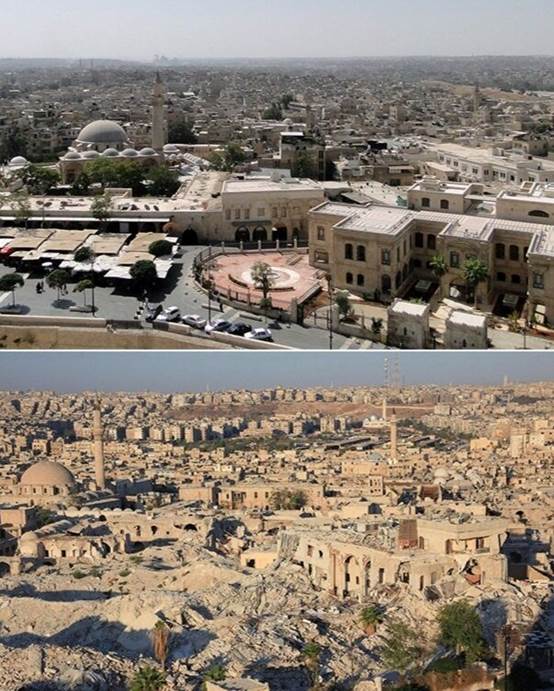 Side-by-side comparison of Aleppo cityscape, with the top image showing intact buildings and a central square, and the bottom image showing widespread destruction and damaged structures.