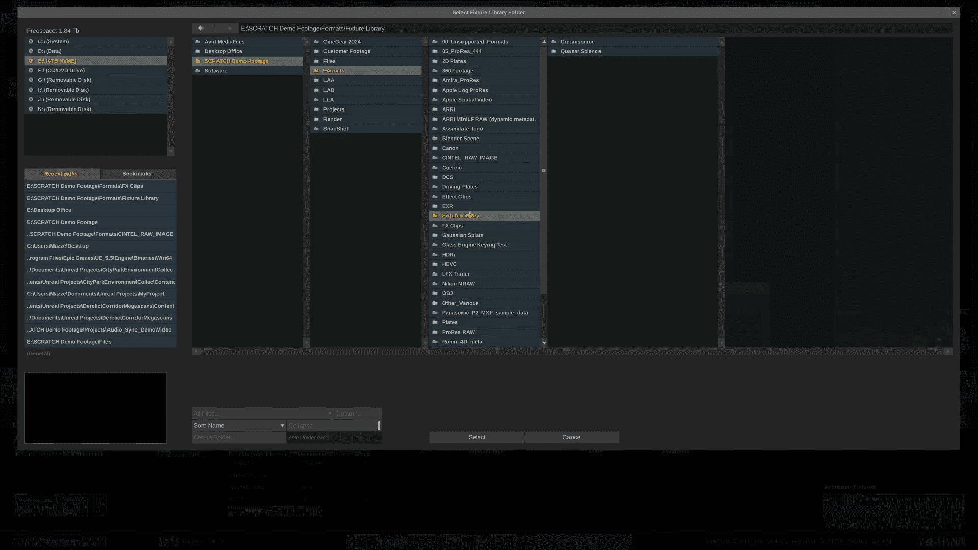 A dark-themed file management interface displaying various folders and files in a structured layout. The left panel shows a list of file directories, while the central area highlights selected folder contents with checkbox options below.