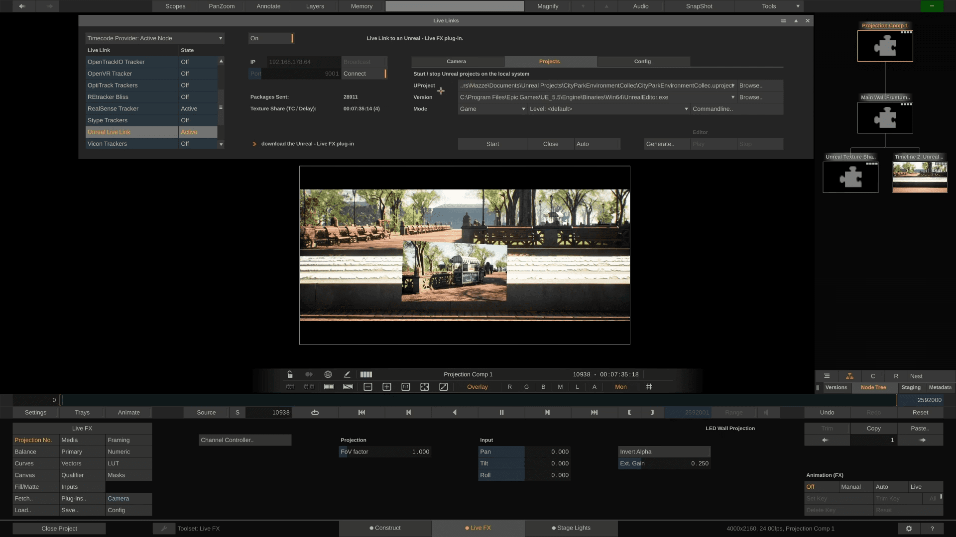 A digital interface display showing a software application for video editing or visual effects, featuring a main project window with an image preview, surrounded by various editing tools and settings in a sleek, dark-themed layout.