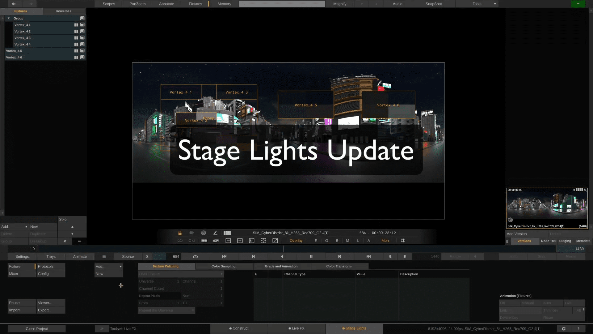 A digital interface displaying a "Stage Lights Update" message over an urban city backdrop at nighttime. On the right, buildings feature illuminated signs, while a control panel with various settings is visible below.