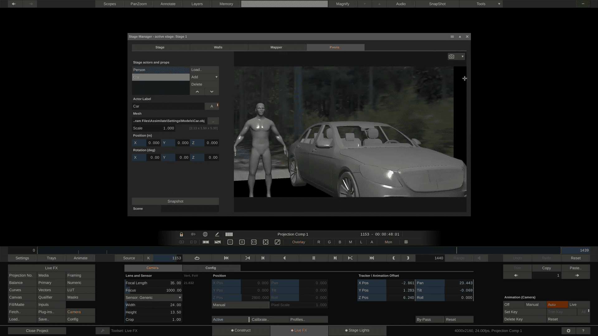 A digital interface showing a character model next to a grey car, within a 3D design software environment. The background includes trees, and various controls are visible at the bottom for adjusting character settings.