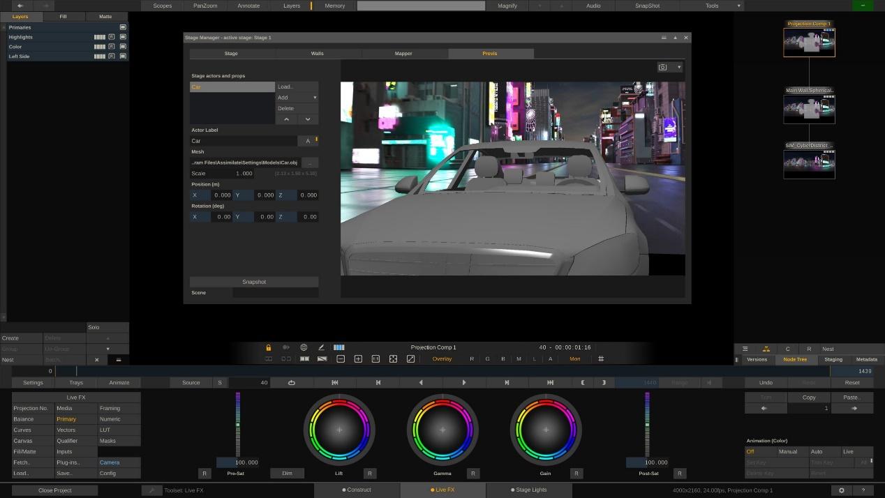 A computer screen displaying a 3D modeling software interface. The foreground shows a wireframe car model, and the background features a stylized urban scene with neon lights. Color adjustment tools are highlighted at the bottom.