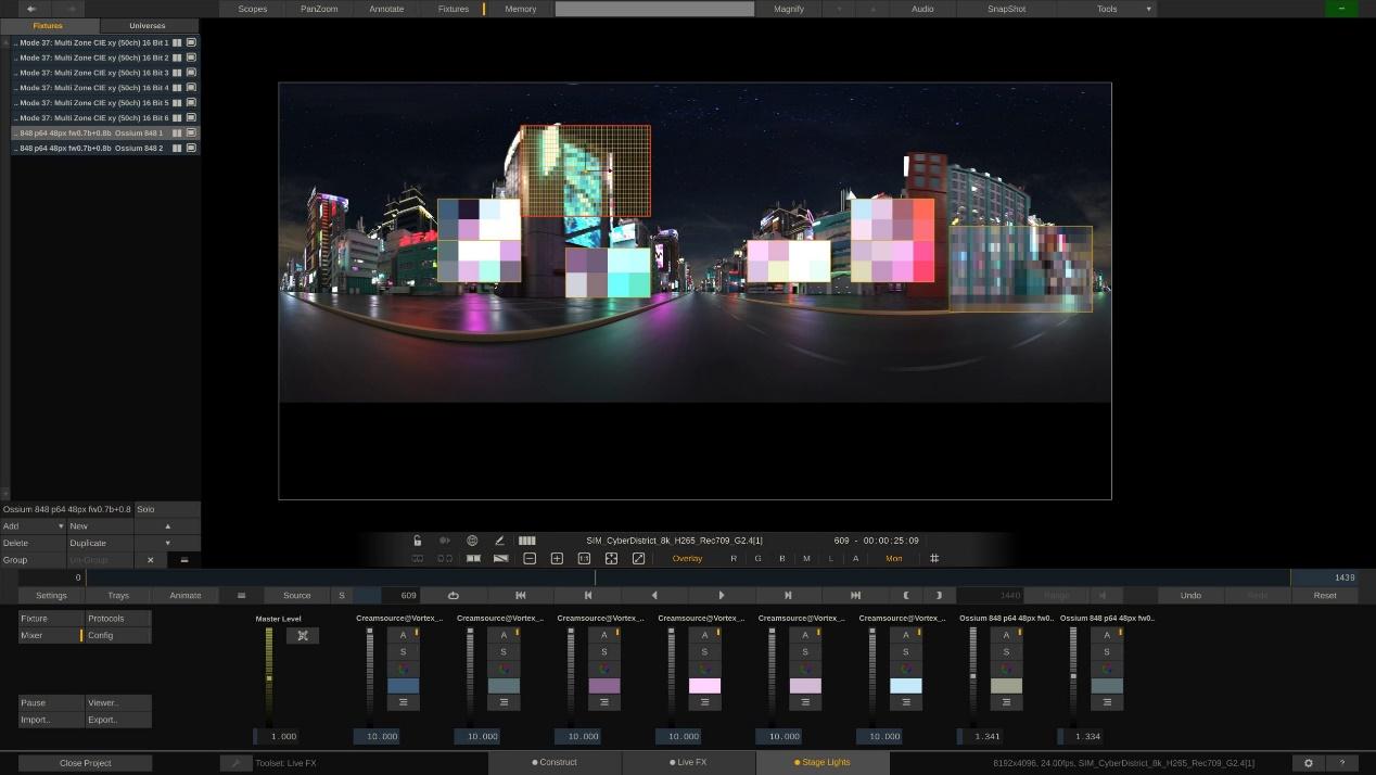 A digital workspace displaying a panoramic view of a city at night, featuring brightly lit buildings with colorful lights. Various editing tools and settings are visible on the screen, indicating a design or editing software interface.