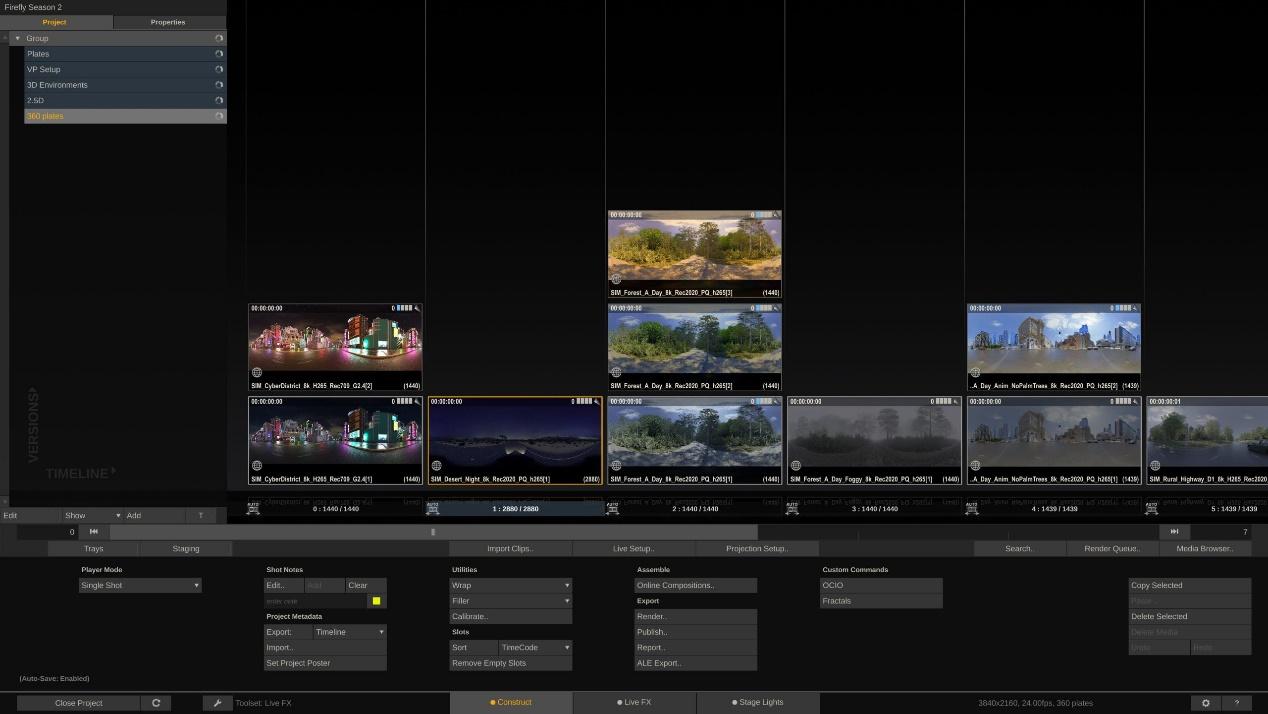 A screenshot of video editing software interface, displaying a timeline with various video clips and images organized in rows, accompanied by a toolbar and settings options at the bottom.