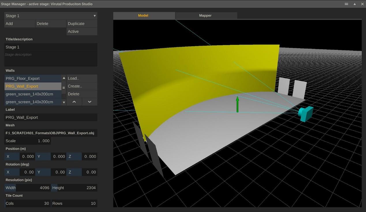 A user interface of a 3D virtual production studio showing a digital environment with a yellow backdrop, white floor, and green elements. The sidebar displays settings for stage modeling, lighting, and resolution.