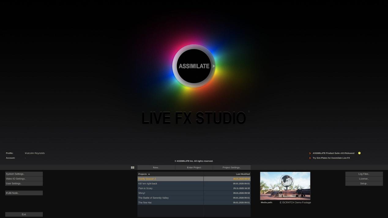 Screenshot of the ASSIMILATE LIVE FX STUDIO interface featuring a colorful circular logo against a dark background, with a video preview and various settings and options displayed in the main area.