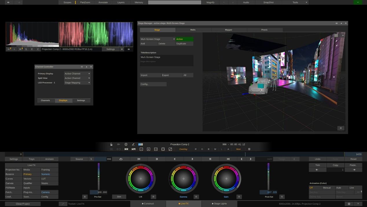 User interface of a digital color grading software displaying a 3D environment with colorful neon lights and various adjustment panels, including color wheels and waveform graphs.