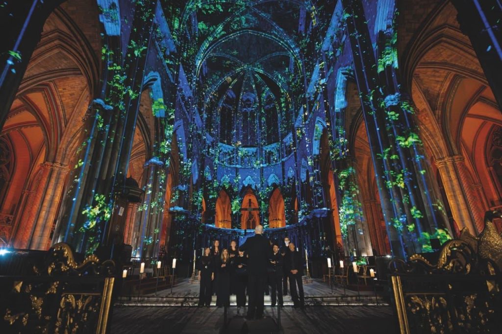A dark blue and green projection on the roof of a cathedral